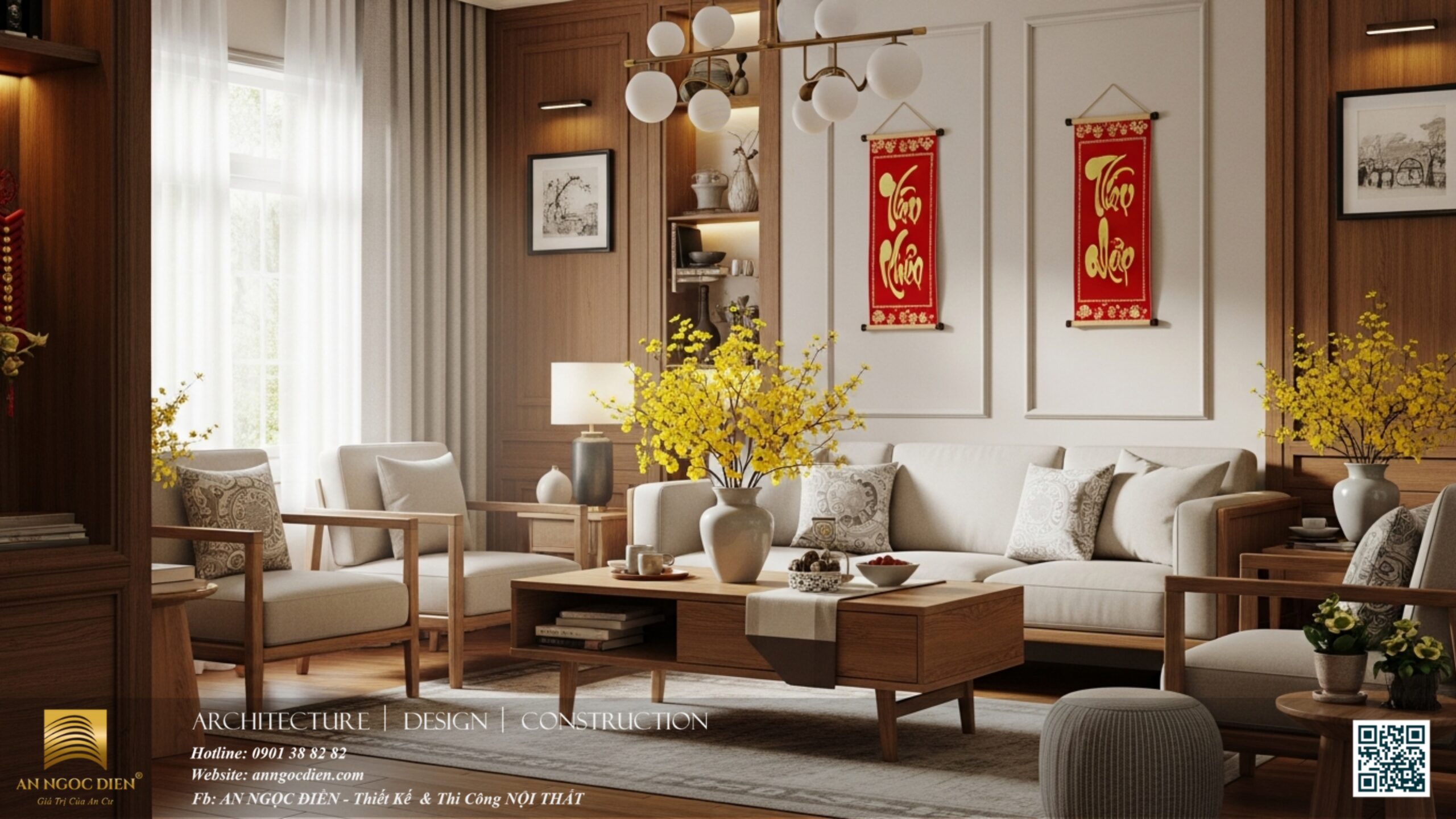 nội thất phòng khách đón tết