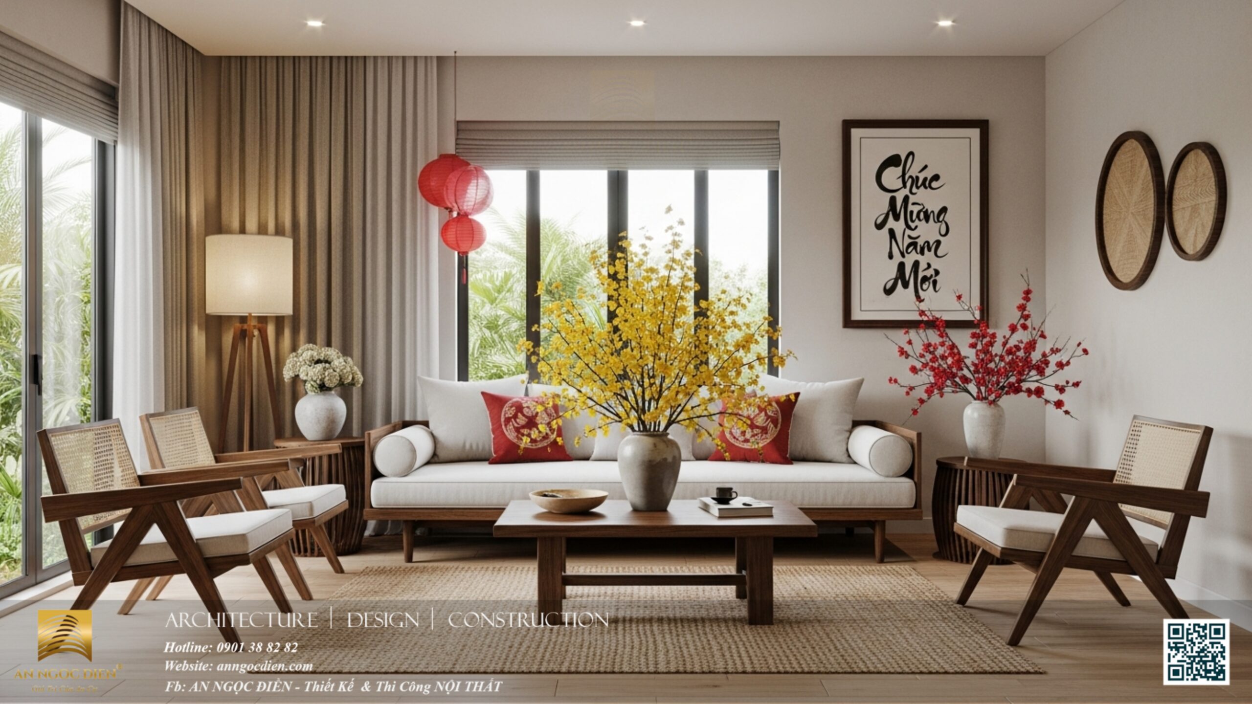 nội thất phòng khách đón tết