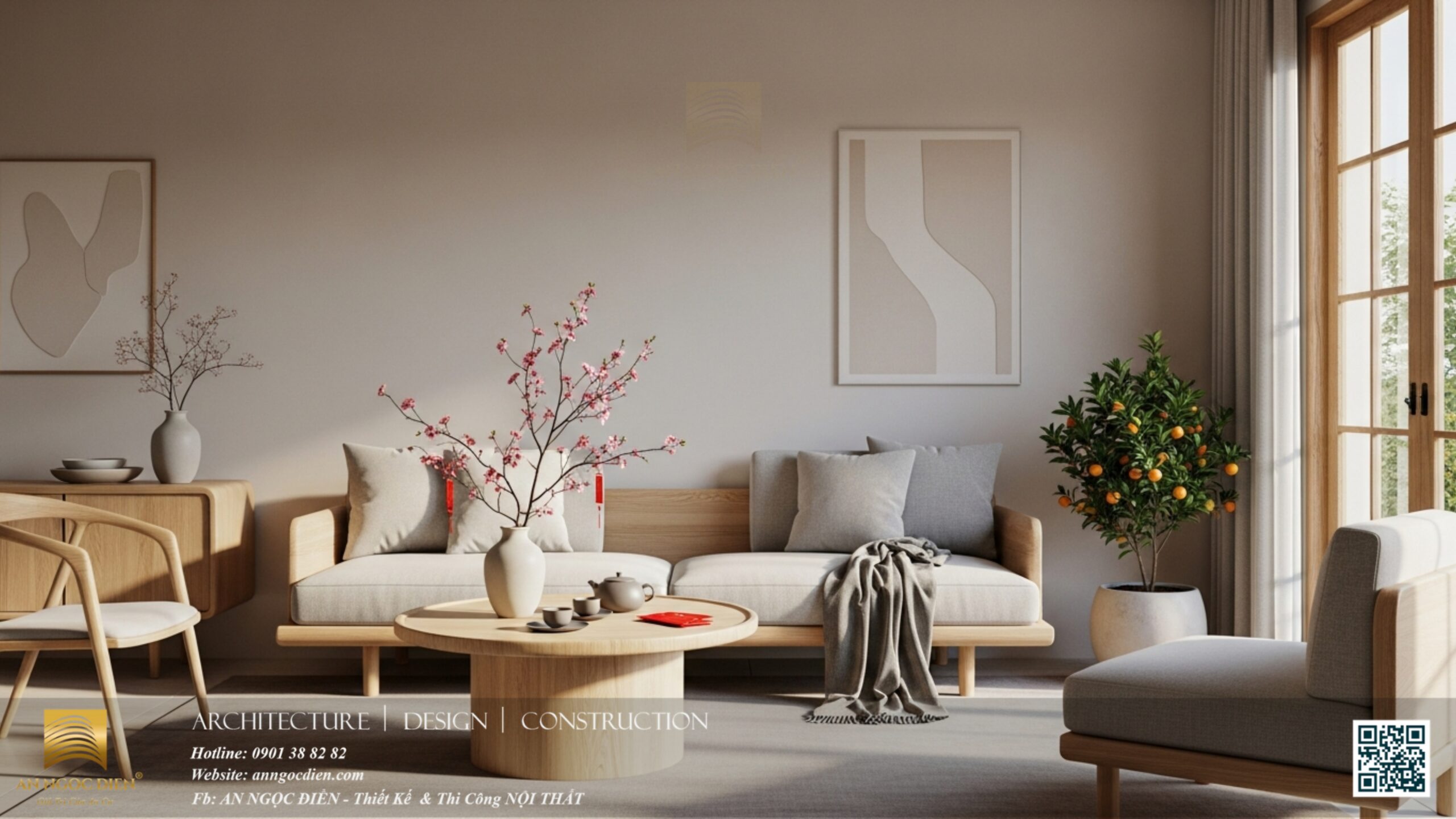 nội thất phòng khách đón tết